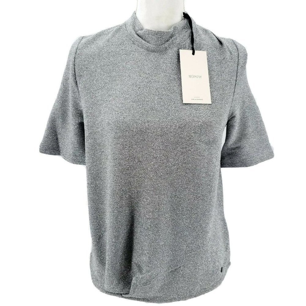 NWT NUMPH Silver Metallic High Neck Drapey Blouse Short Sleeve Mock Neck